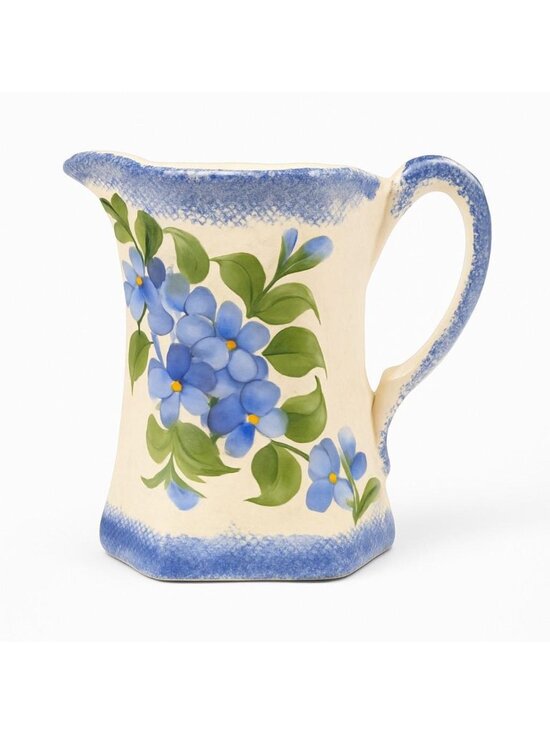 Other - Pitcher Cash Family Pottery Vintage Blue White Milk Jug Creamer Hand Painted Flo
